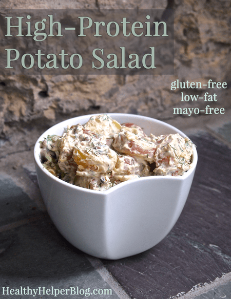 High-Protein Potato Salad via HealthyHelperBlog.com #glutenfree #lowfat #recipe #sidedish #healthy #potatoes #highprotein #mayofree #oilfree #cleaneating